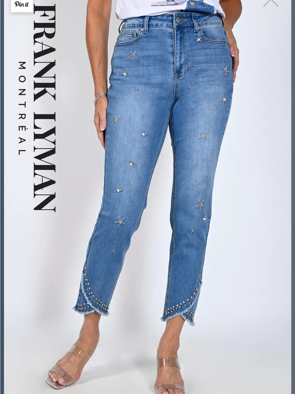 Frank Lyman Design Light Blue Star & Pearl Embellished Cropped Jeans